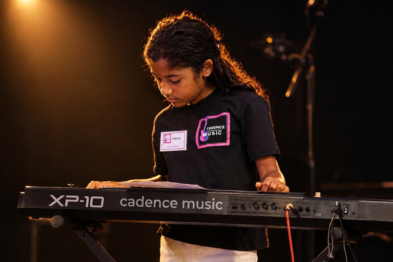 Cadence Music student playing keyboard on stage